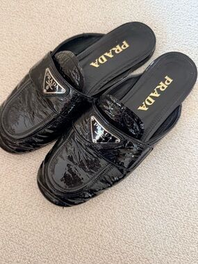 Prada Black Patent Leather Logo Slide
